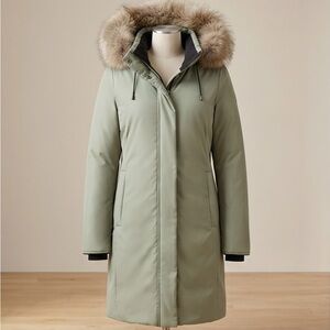 Women's Sage Green Hooded Puffer Coat with Faux Fur Trim